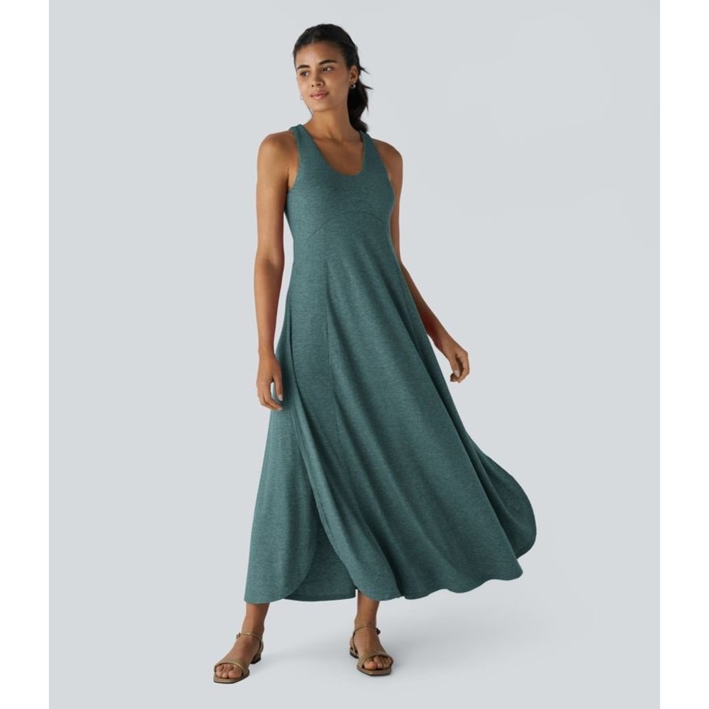 Halara Maxi Dress Large Teal Green Breezy High Slit Sleeveless Athleisure Casual